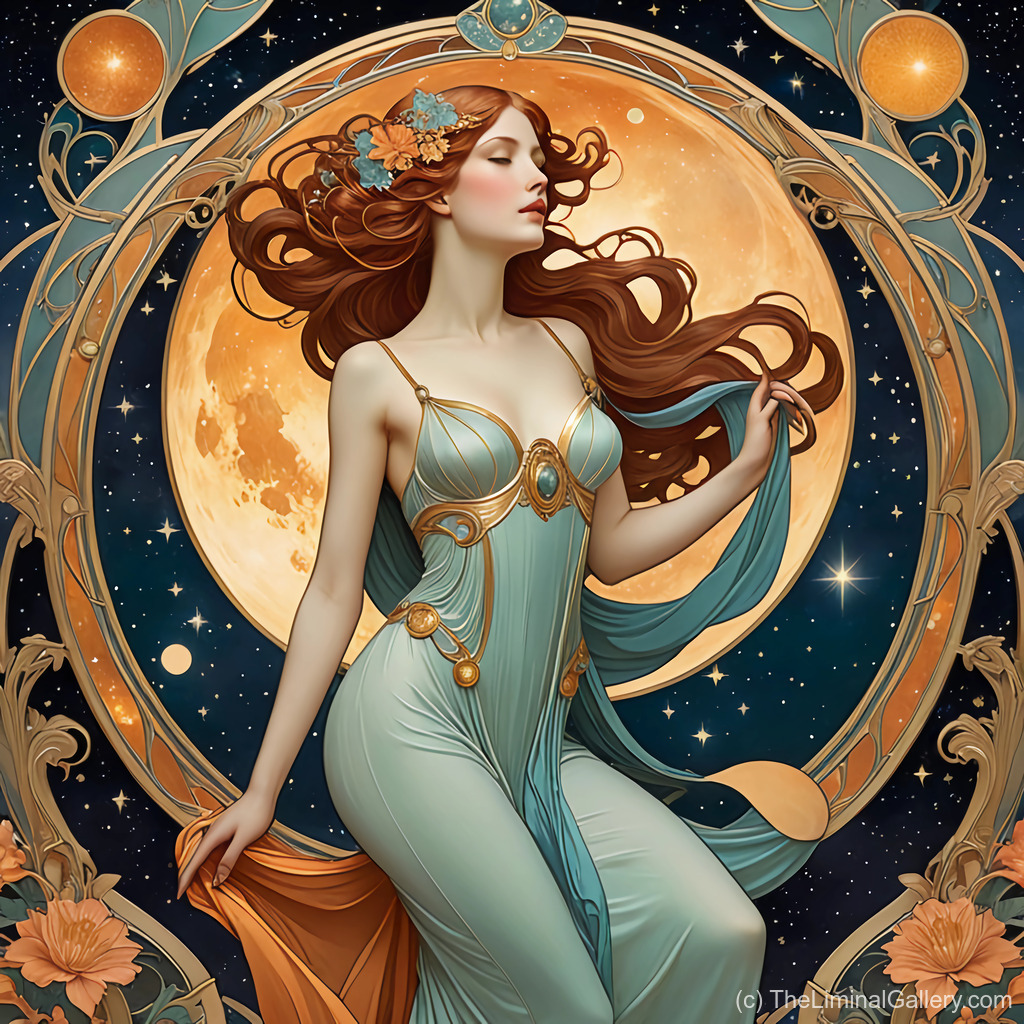 A graceful, moonlit figure radiates celestial energy in a timeless dance of divine beauty, blending art deco aesthetics with elegance.